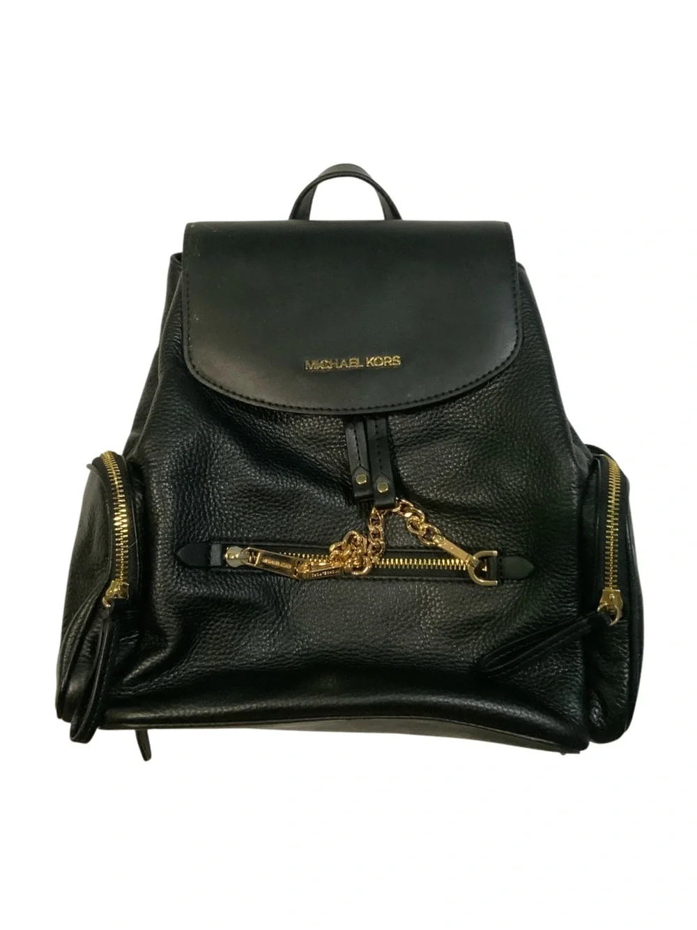 Michael Kors Black Leather Backpack with Gold Chain Accents
